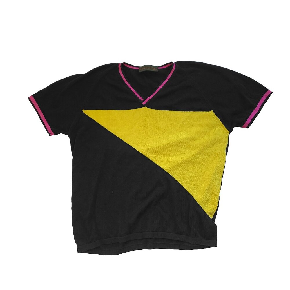 Men's Vintage Retro 80s Knit Geometric V-Neck Shirt Black, Yellow, Pink - Small